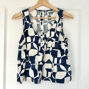 Abstract Print‎ Tank Top Sleeveless Button Front Navy Cream Casual Blouse small